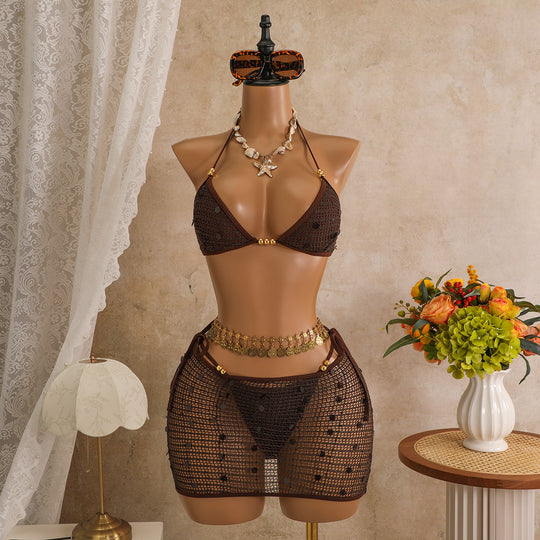 Damen Triangel-Bikini mit transparentem Überrock und funkelnden Details EB