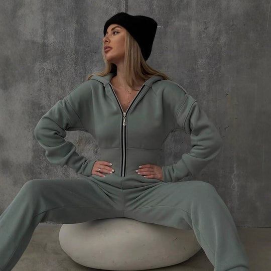 Damen Figurbetontes Kapuzen-Loungewear-Set mit tailliertem Zip-Hoodie und High-Waist Jogginghose EB