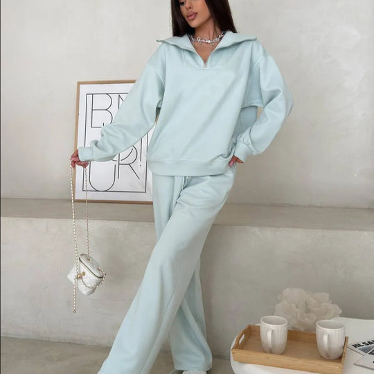 Damen Loungewear-Set mit halbem Reißverschluss und weiter Bügelfalten-Hose EB