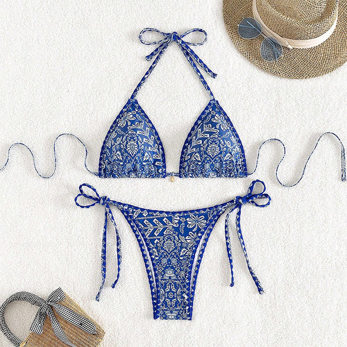 Damen Triangel-Bikini mit verstellbaren Bindebändern und floralem Print EB