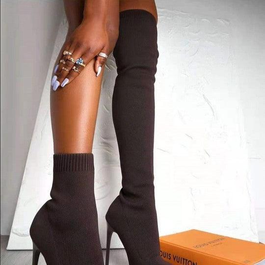 Damen Overknee Stiefel mit elegantem spitzem Absatz und modischem Strickdesign EB