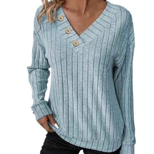 Damen lässiger V-Ausschnitt Pullover mit Knopfdetails und feinem Rippenmuster EB