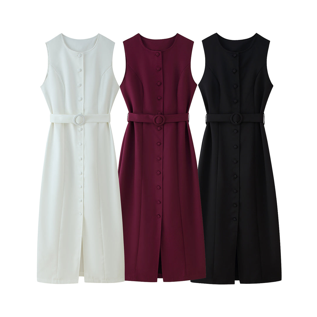 Damen ärmelloses Wickelkleid mit Knopfverschluss und Taillengürtel EB