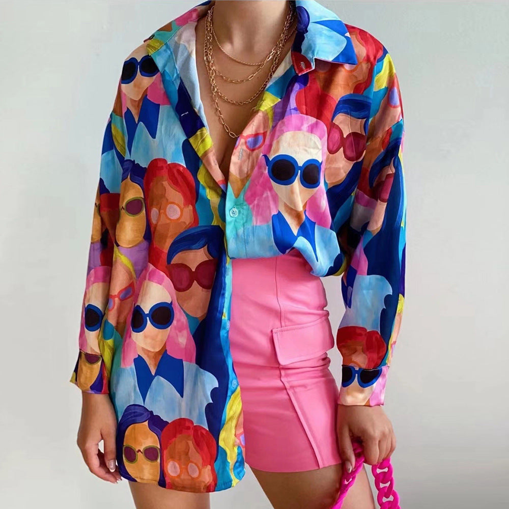 Damen Oversized Bluse mit buntem Grafikdruck EB