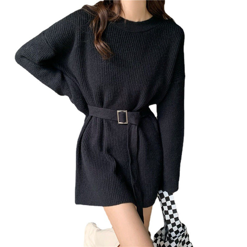 Damen Strickkleid mit Taillengürtel und weitem Schnitt EB