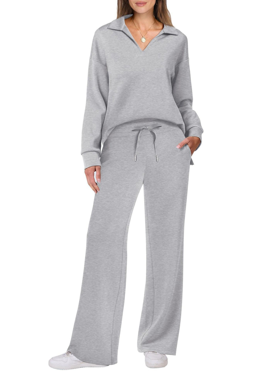 Damen Bequemer Freizeitanzug mit elegantem V-Ausschnitt und lockerem Schnitt EB