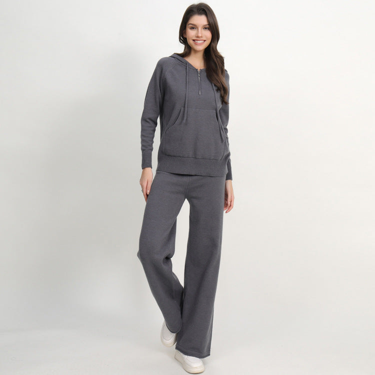 Damen lässiges Strick-Loungewear-Set mit Kapuze und weitem Bein EB