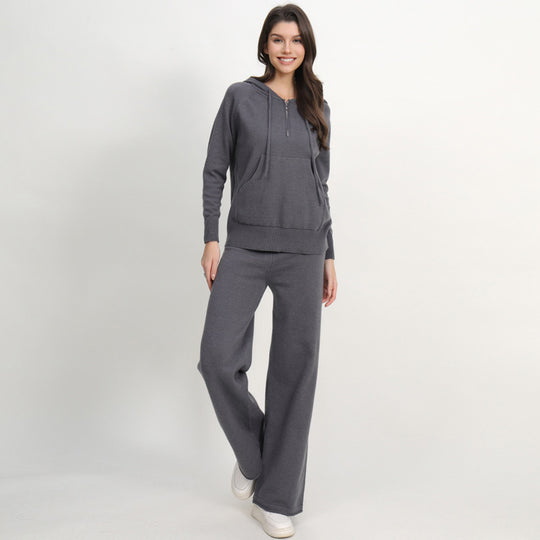 Damen lässiges Strick-Loungewear-Set mit Kapuze und weitem Bein EB