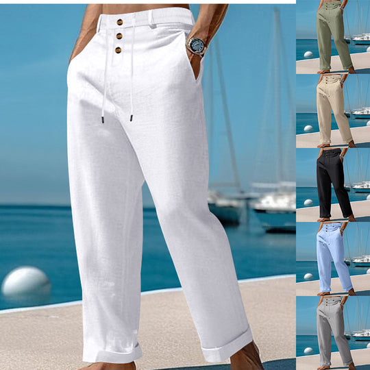 Herren nan weite Leinen-Relaxhose mit hoher Taillenblende, Kordelzug und Umschlag EB