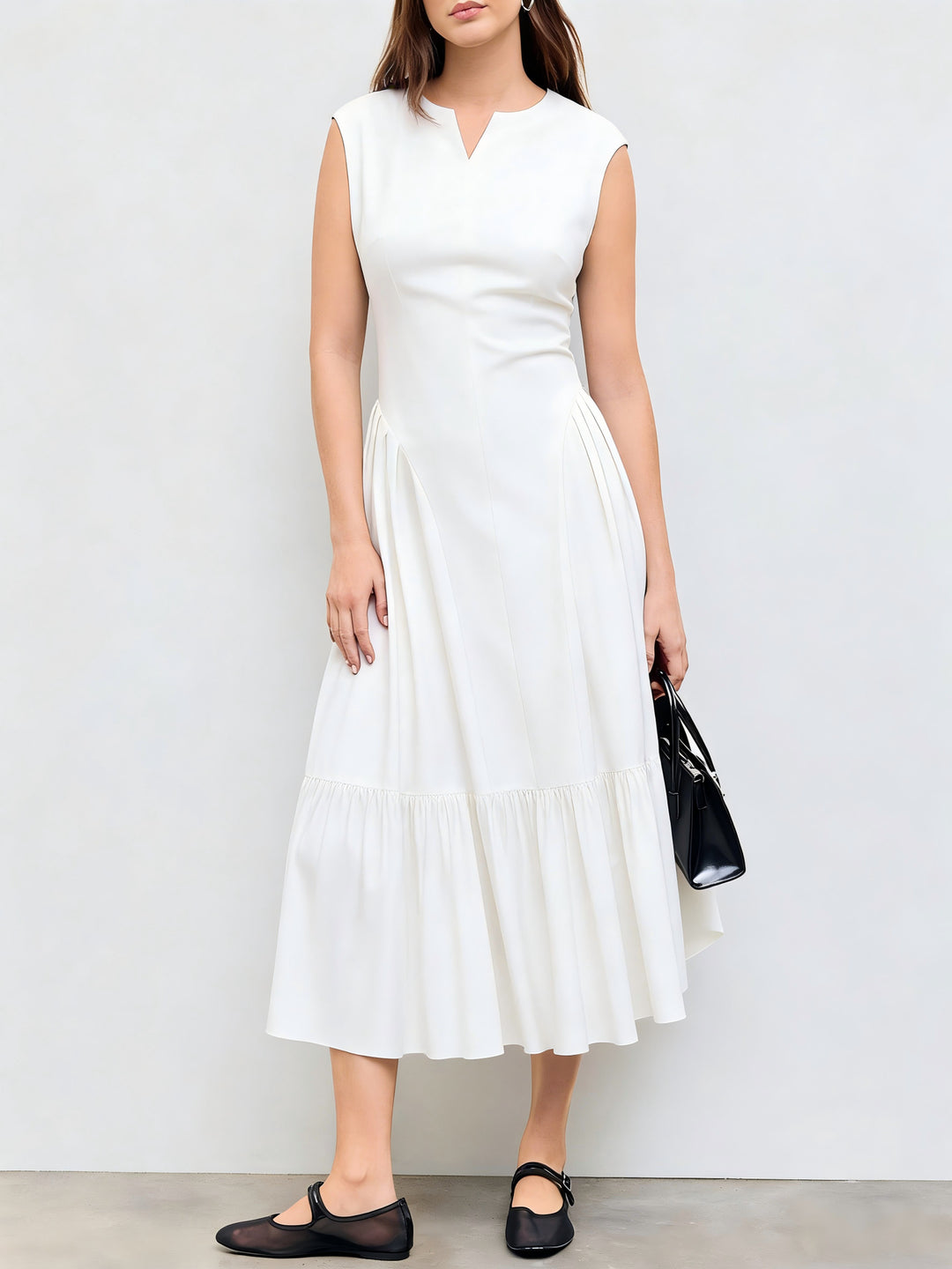 Damen elegantes Maxikleid mit voluminösen Falten und ärmellosem Design EB