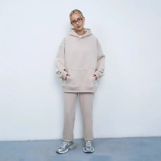 Damen lässiges Kapuzen-Sweatset aus schwerer Baumwollfleece mit Kängurutasche und gerader Jogginghose EB
