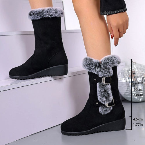 Damen Wedge-Stiefel mit gefüttertem Kunstfellkragen und verstellbaren Schnallen EB