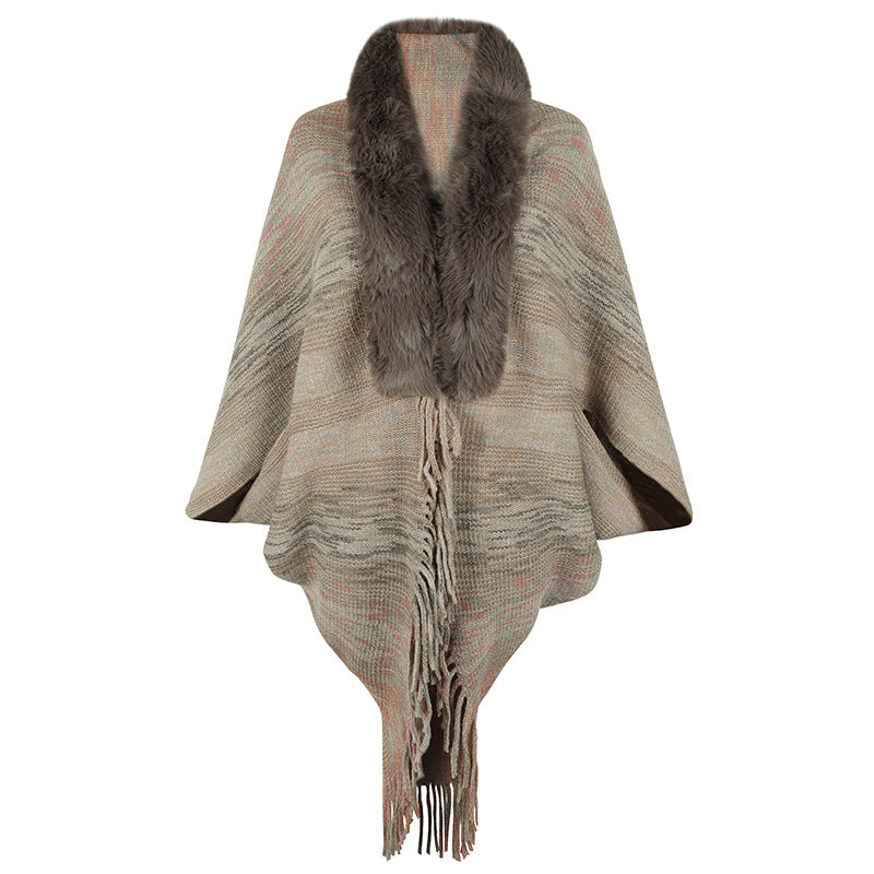 Damen eleganter Poncho mit luxuriösem Kunstfellkragen und fransigem Saum EB