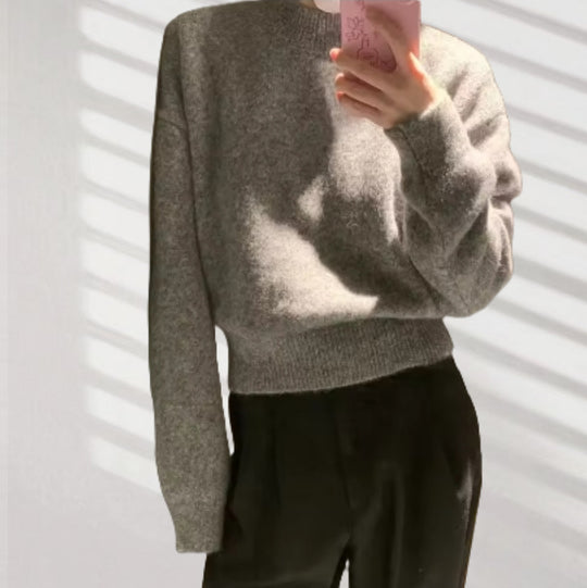 Damen lockerer Strickpullover mit Rundhalsausschnitt und weichem Material EB