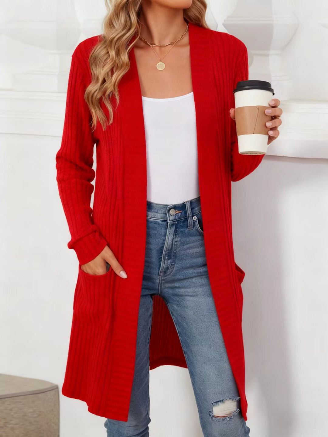 Damen Longcardigan aus geripptem Chenille mit aufgesetzten Taschen EB