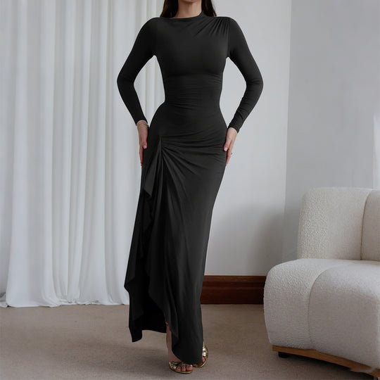 Damen nan gerafftes Maxikleid mit langen Ärmeln, taillierender Stretch-Passform und seitlichem Volant-Detail EB