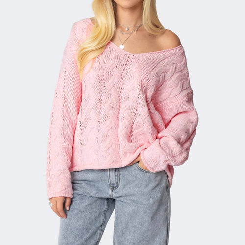 Damen Grobstrickpullover mit tiefem V-Ausschnitt und lässiger Silhouette EB