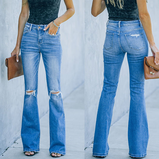 Damen Flared Jeans mit modischen Rissen und hohem Bund EB