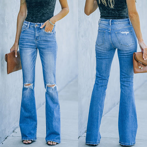Damen Flared Jeans mit modischen Rissen und hohem Bund EB