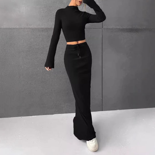 Damen Elegantes und komfortables Crop-Top mit langem Ärmel und Maxi-Rock EB