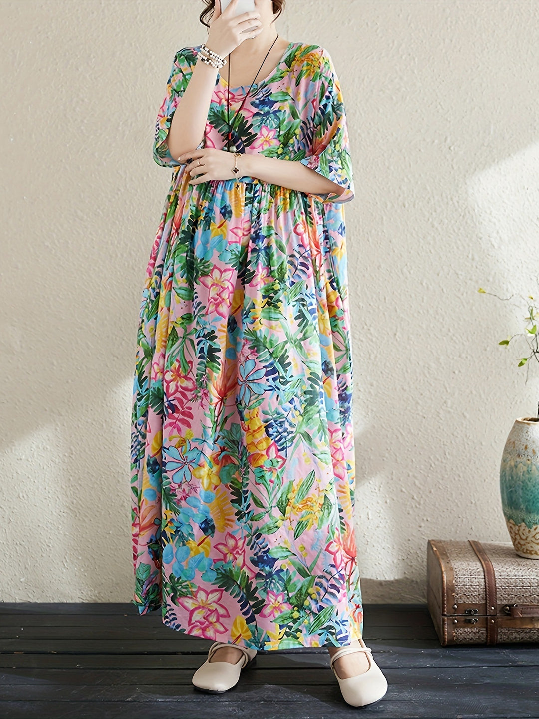 Damen Maxi-Kleid mit floralem Design und lässigem Schnitt EB