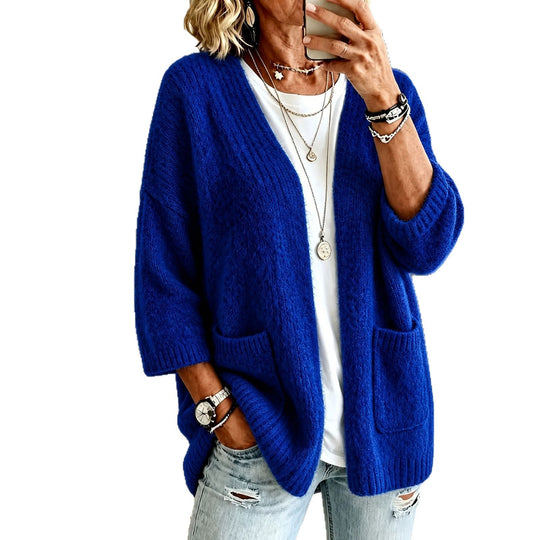 Damen Offener Longcardigan im Mohair-Look mit aufgesetzten Taschen und überschnittener Schulter EB