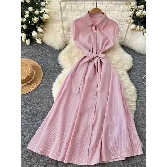 Damen Langarm Hemdblusenkleid mit Gürtel und gestreiftem Design EB