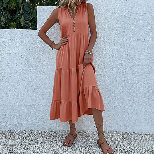 Damen Maxikleid mit Knopfdetail und voluminösem Rock EB