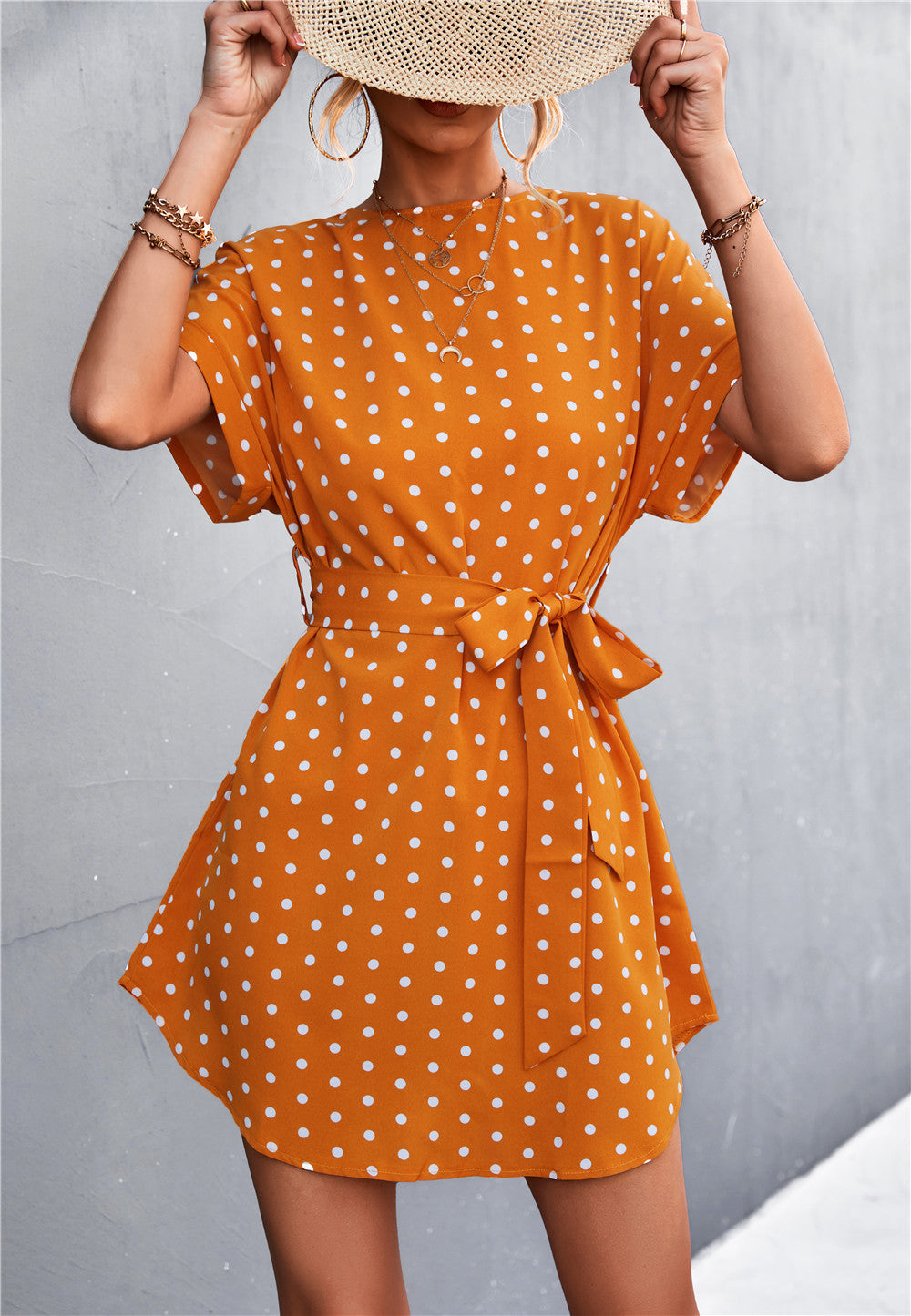 Damen Freizeitkleid mit modischem Punkte-Muster und Taillengürtel EB