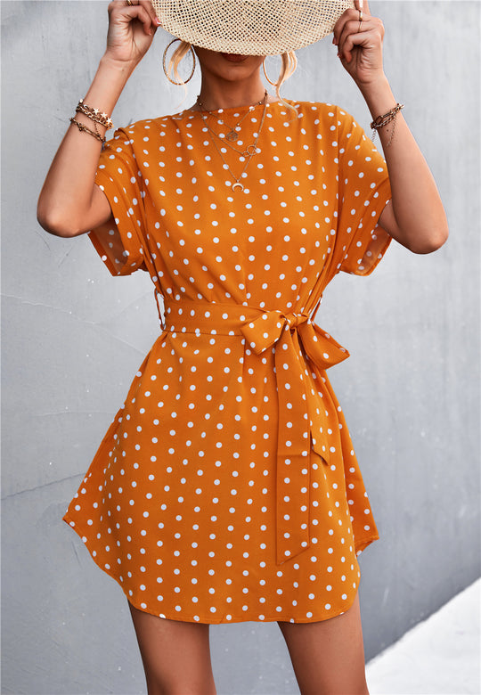 Damen Freizeitkleid mit modischem Punkte-Muster und Taillengürtel EB
