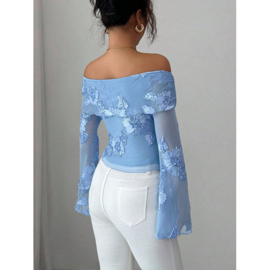 Damen Elegantem Oberteil mit Schulterfreiem Design und Blumenmuster EB