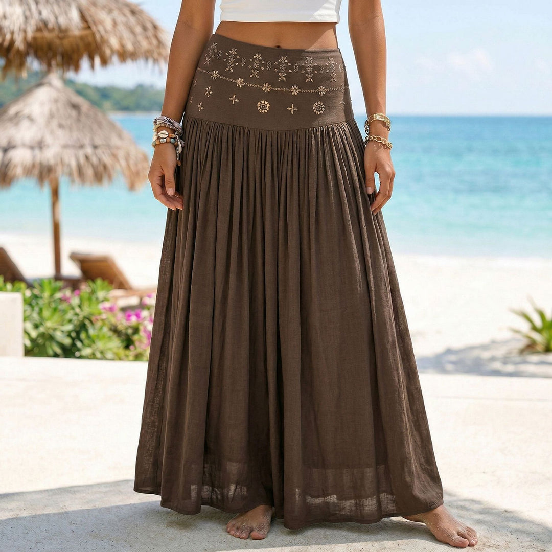 Damen nan maxi-Volantrock mit besticktem Bund und feinen Falten EB
