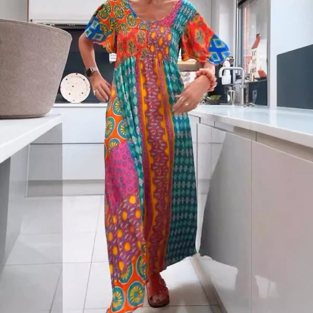 Damen nan Boho Maxikleid mit gesmoktem Oberteil und weitem Fließrock EB