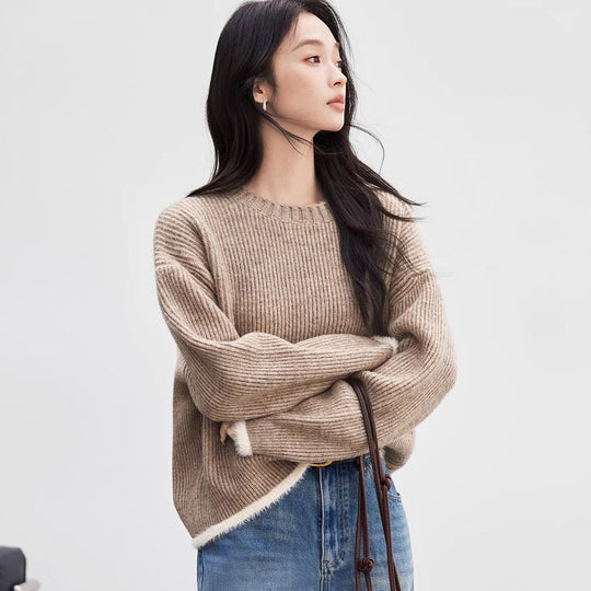Damen Grob gestrickter Pullover mit überschnittenen Schultern und weichem Abschluss EB