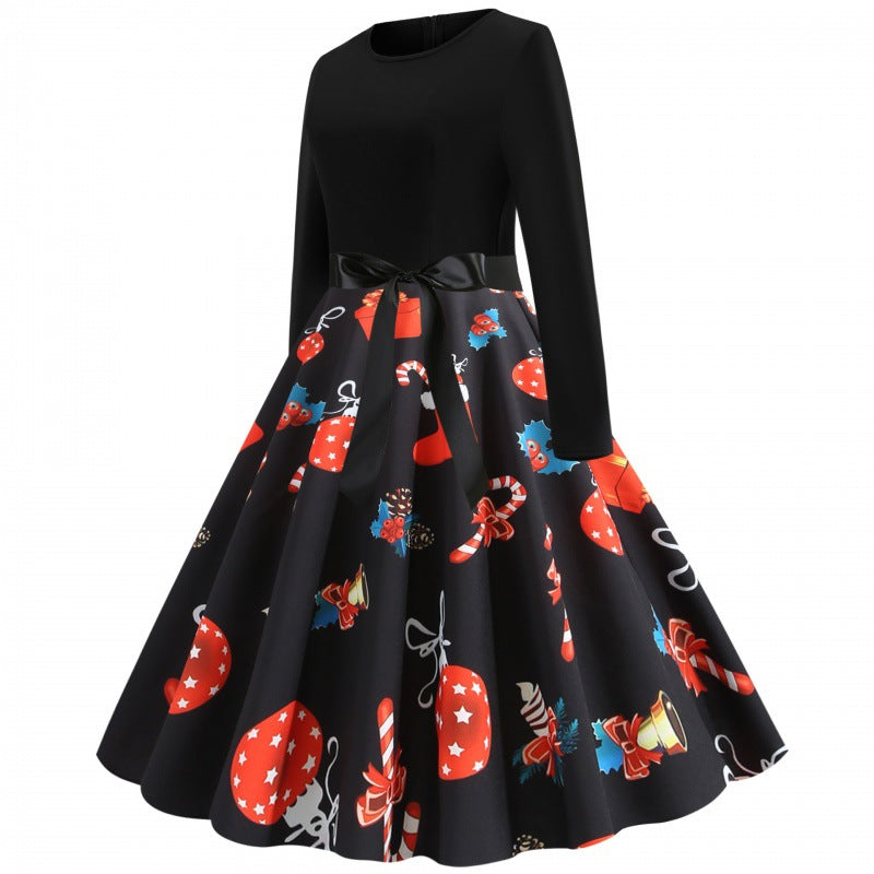 Damen Retro Swingkleid mit Jersey‑Oberteil, taillierter Satin‑Schärpe und festlichem Print EB