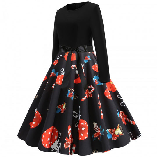 Damen Retro Swingkleid mit Jersey‑Oberteil, taillierter Satin‑Schärpe und festlichem Print EB