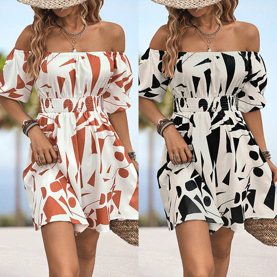Damen Off-Shoulder Kleid mit elastischem Bund und grafischem Muster EB