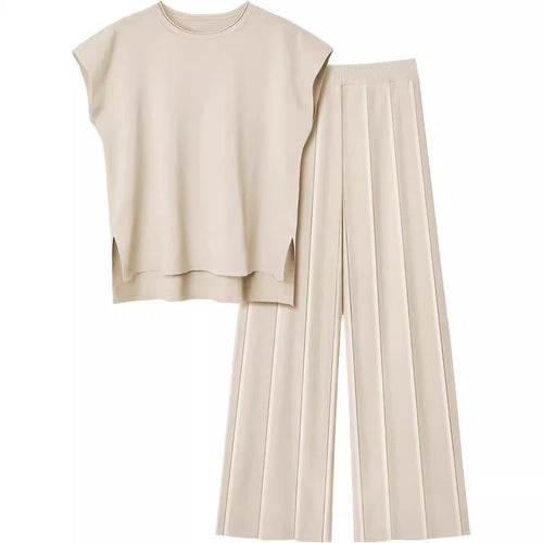 Damen elegantes Set mit kurzärmligem Oberteil und plissierter Hose EB