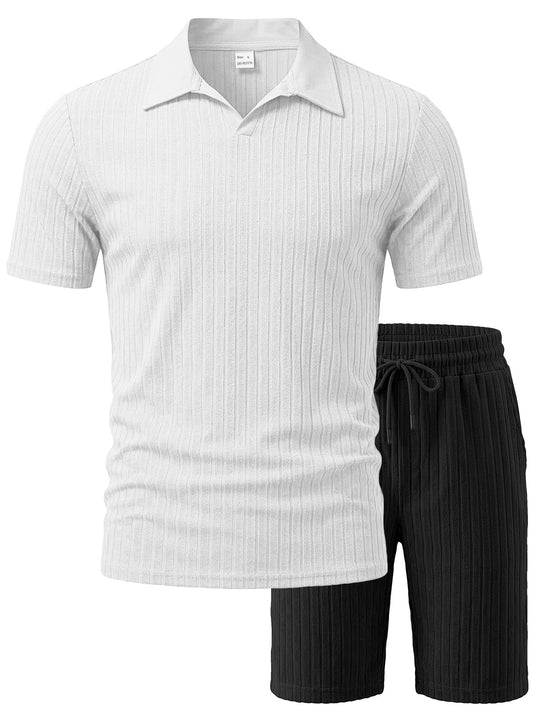 Herren nan Strick-Lounge-Ensemble mit Polokragen V‑Einsatz und Tunnelzug-Bermudas EB