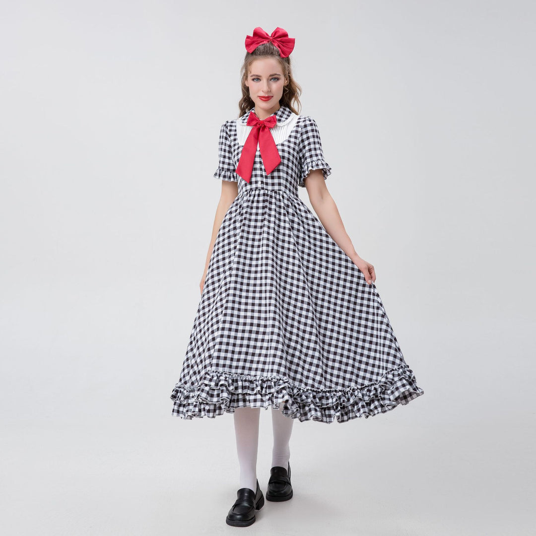 Damen nan Vintage-inspiriertes Karo-Swingkleid mit abnehmbarer Schürze, Rüschenärmeln und Schleifenkragen EB