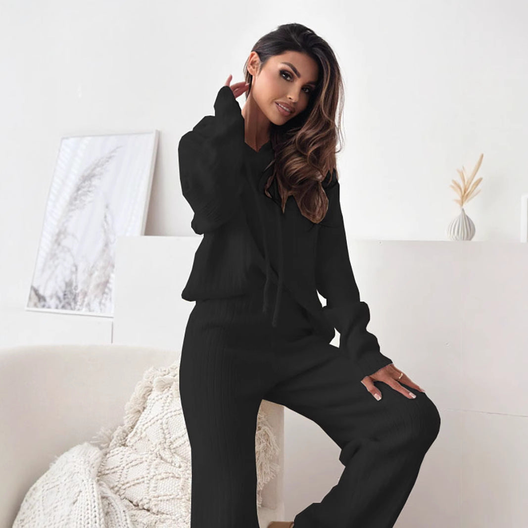 Damen Strick Lounge-Set mit Kapuze und weitem Beinschnitt EB