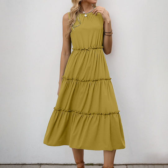 Damen Midikleid mit voluminösen Rüschendetails und Elastikbund EB