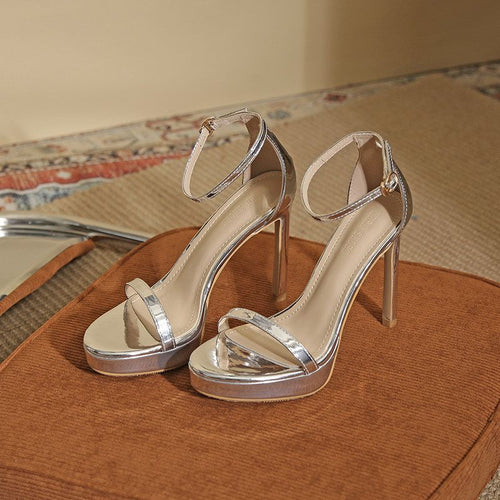Damen elegante High Heel Sandalen mit glänzender Metalloptik EB
