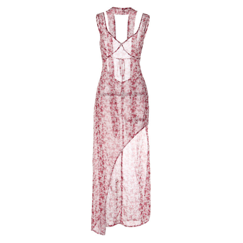 Damen Floral Maxi-Strandkleid mit attraktiven Schlitzdetails und Rückenband EB