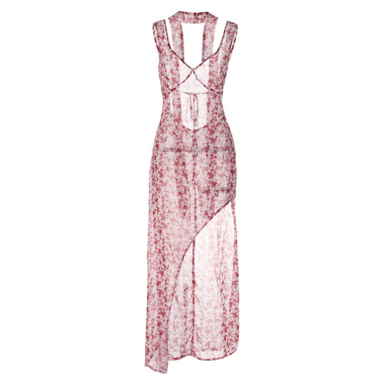 Damen Floral Maxi-Strandkleid mit attraktiven Schlitzdetails und Rückenband EB
