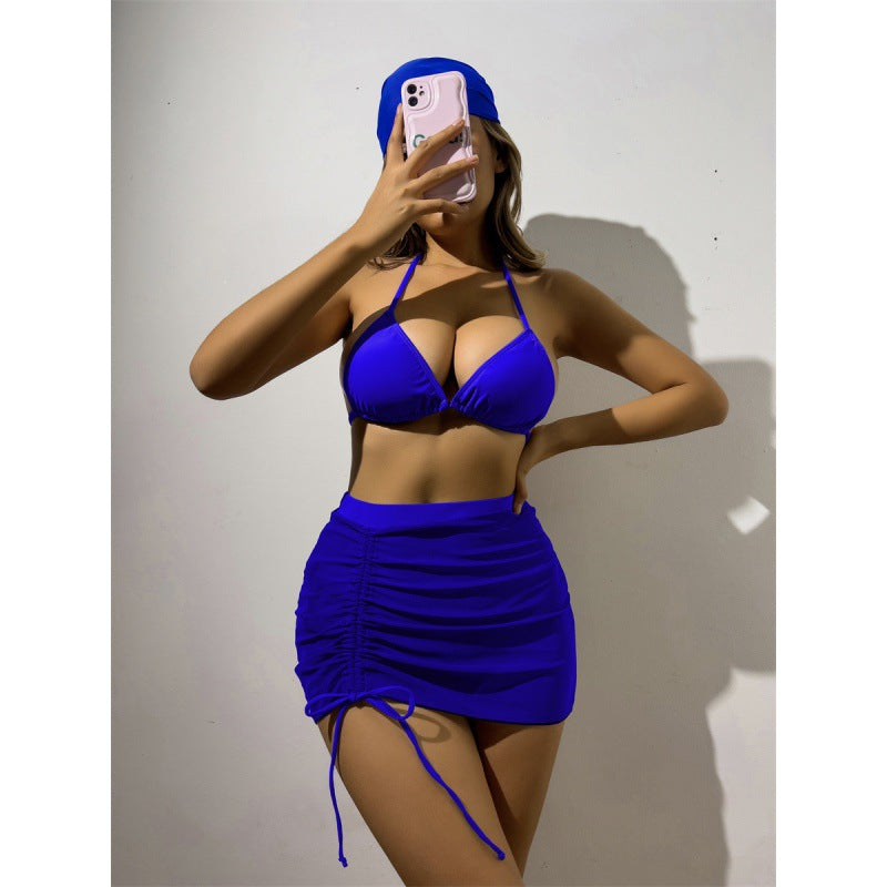 Damen Triangelbikini-Set mit transparentem Überrock und modischem Stirnband EB