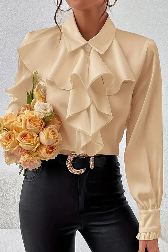 Damen Elegante Rüschenbluse mit Volants, Hemdkragen und Manschetten EB