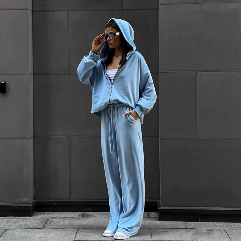 Damen nan luxuriöses Velours-Zweiteiler Set mit kurzem Reißverschluss-Hoodie und weiten Highwaist-Loungehosen EB