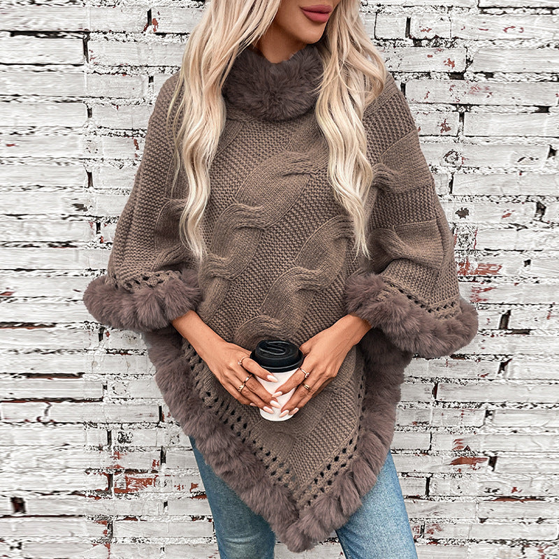 Damen kuschelige Strick-Poncho mit weichem Kunstfellbesatz und Zopfmuster EB