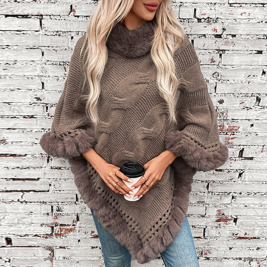 Damen kuschelige Strick-Poncho mit weichem Kunstfellbesatz und Zopfmuster EB